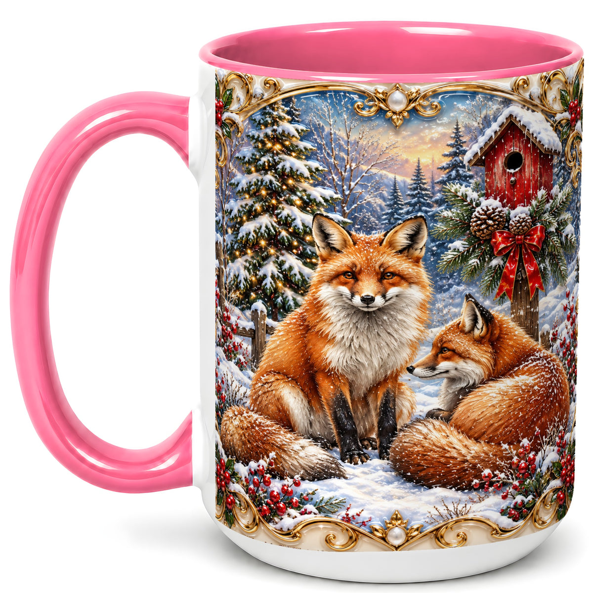 #pl[15oz|Pink] Christmas Fox Coffee Mug, Snowy Woodland Fox Mug, Ceramic Cup