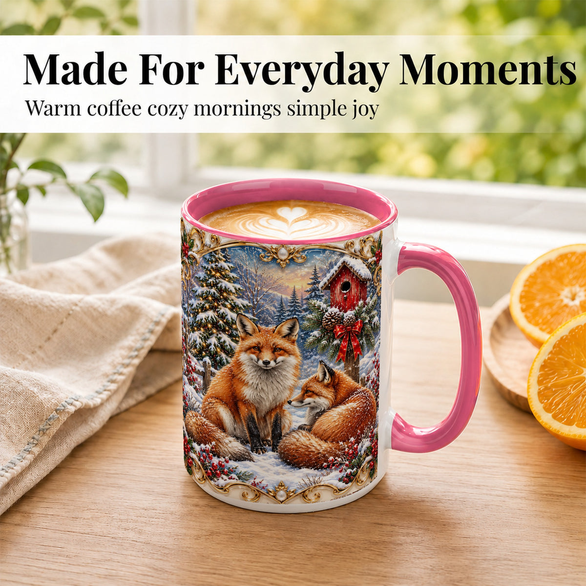 #pl[15oz|Pink] Christmas Fox Coffee Mug, Snowy Woodland Fox Mug, Ceramic Cup