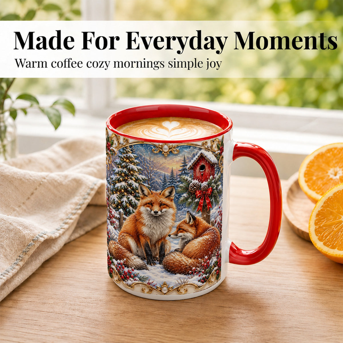 #pl[15oz|Red] Christmas Fox Coffee Mug, Snowy Woodland Fox Mug, Ceramic Cup
