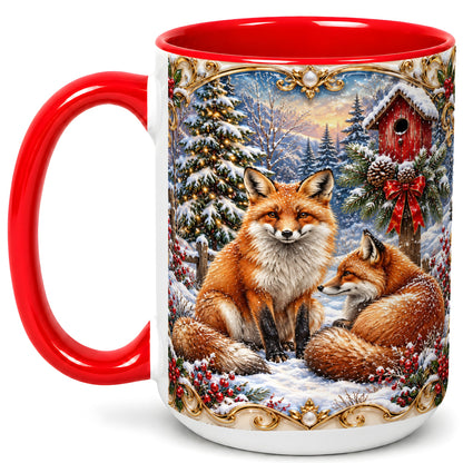 #pl[15oz|Red] Christmas Fox Coffee Mug, Snowy Woodland Fox Mug, Ceramic Cup