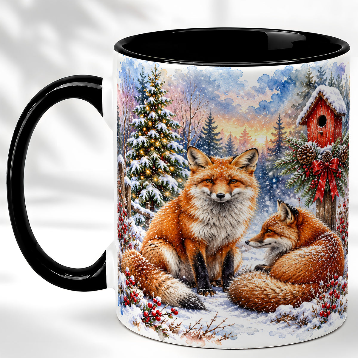 #pl[11oz|Black] Watercolor Christmas Fox Coffee Mug, Woodland Fox Mug, Ceramic Cup