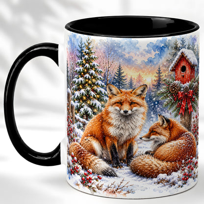 #pl[11oz|Black] Watercolor Christmas Fox Coffee Mug, Woodland Fox Mug, Ceramic Cup