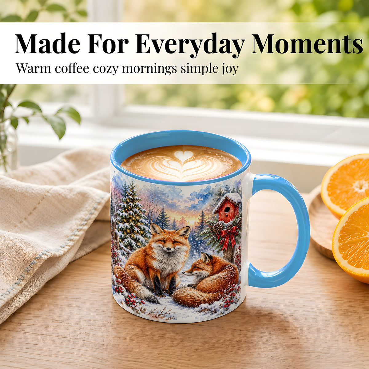 #pl[11oz|Blue] Watercolor Christmas Fox Coffee Mug, Woodland Fox Mug, Ceramic Cup