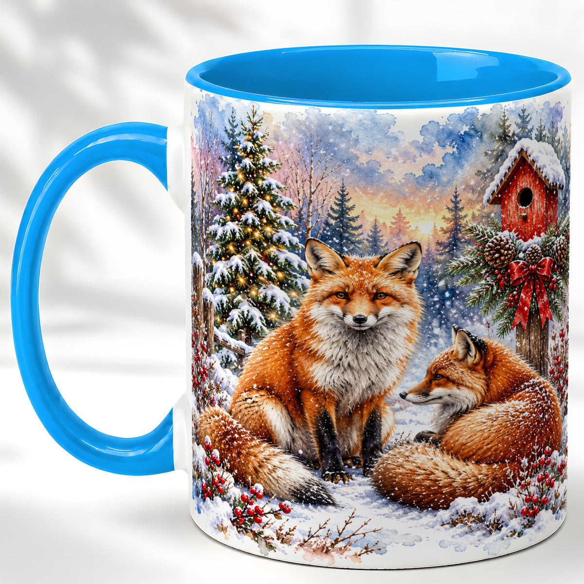 #pl[11oz|Blue] Watercolor Christmas Fox Coffee Mug, Woodland Fox Mug, Ceramic Cup