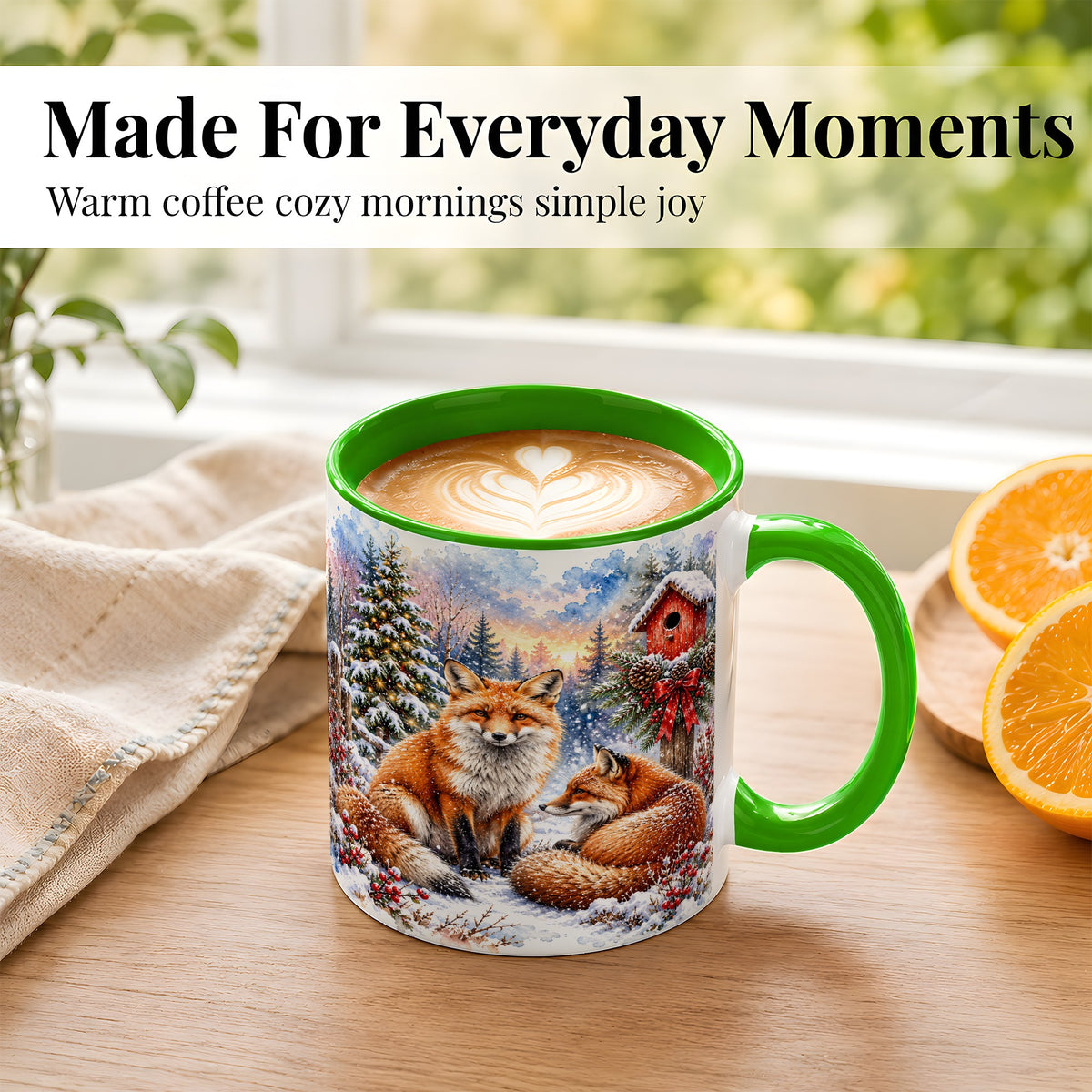 #pl[11oz|Green] Watercolor Christmas Fox Coffee Mug, Woodland Fox Mug, Ceramic Cup