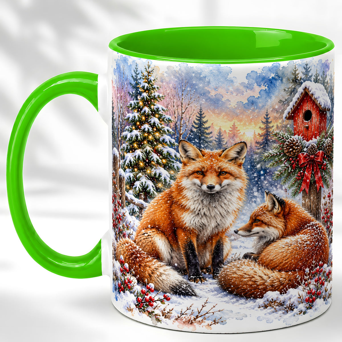 #pl[11oz|Green] Watercolor Christmas Fox Coffee Mug, Woodland Fox Mug, Ceramic Cup