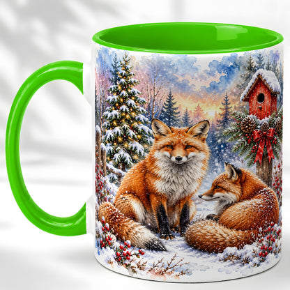 #pl[11oz|Green] Watercolor Christmas Fox Coffee Mug, Woodland Fox Mug, Ceramic Cup