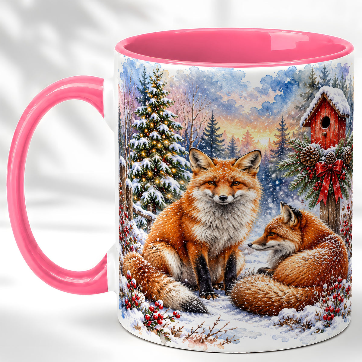 #pl[11oz|Pink] Watercolor Christmas Fox Coffee Mug, Woodland Fox Mug, Ceramic Cup