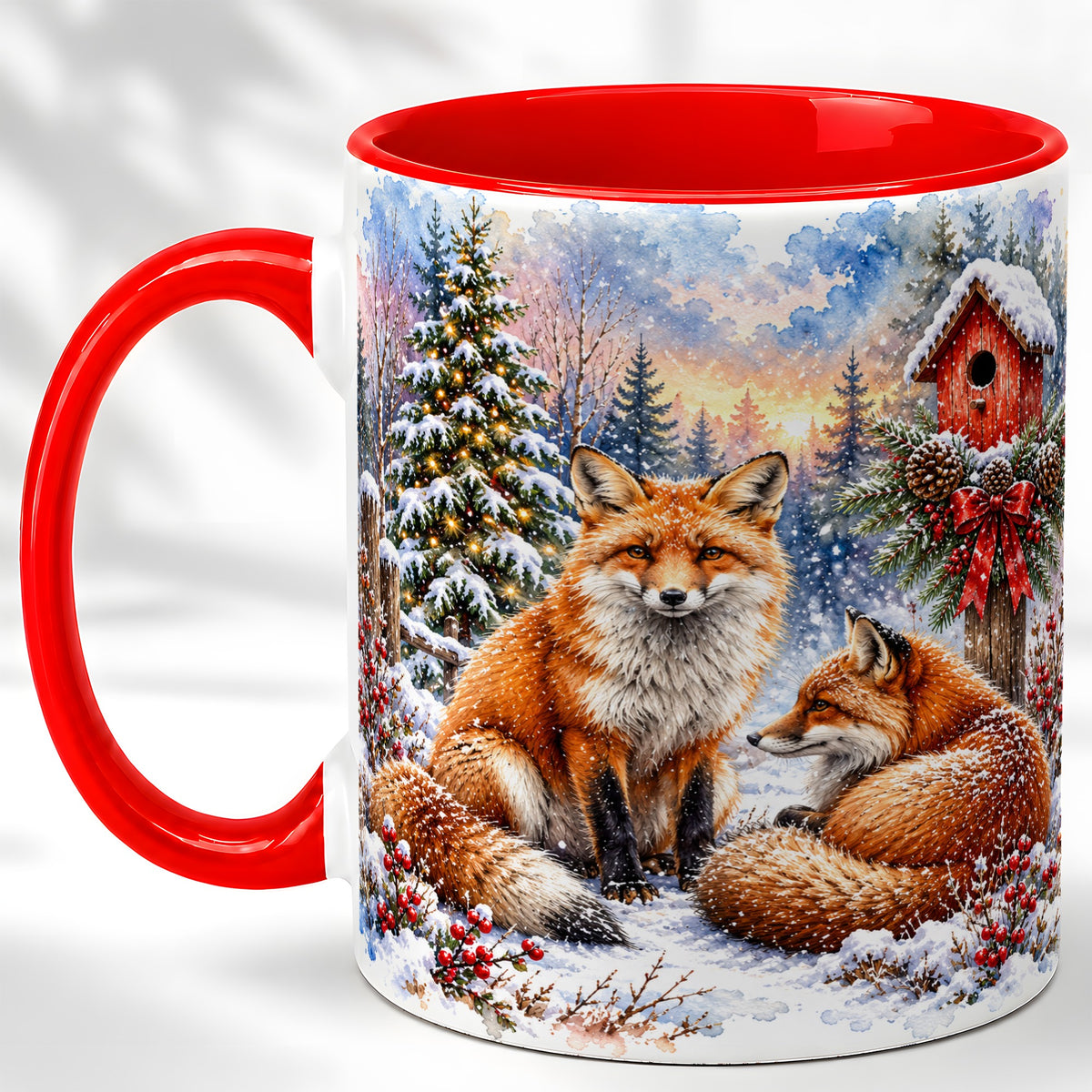 Watercolor Christmas Fox Coffee Mug, Woodland Fox Mug, Ceramic Cup