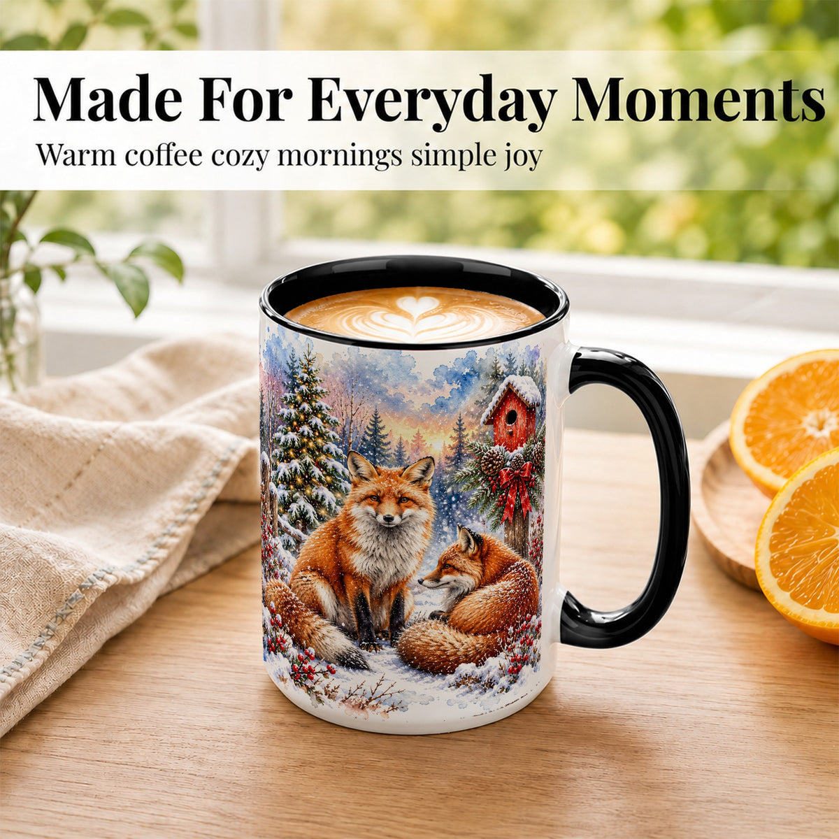 #pl[15oz|Black] Watercolor Christmas Fox Coffee Mug, Woodland Fox Mug, Ceramic Cup