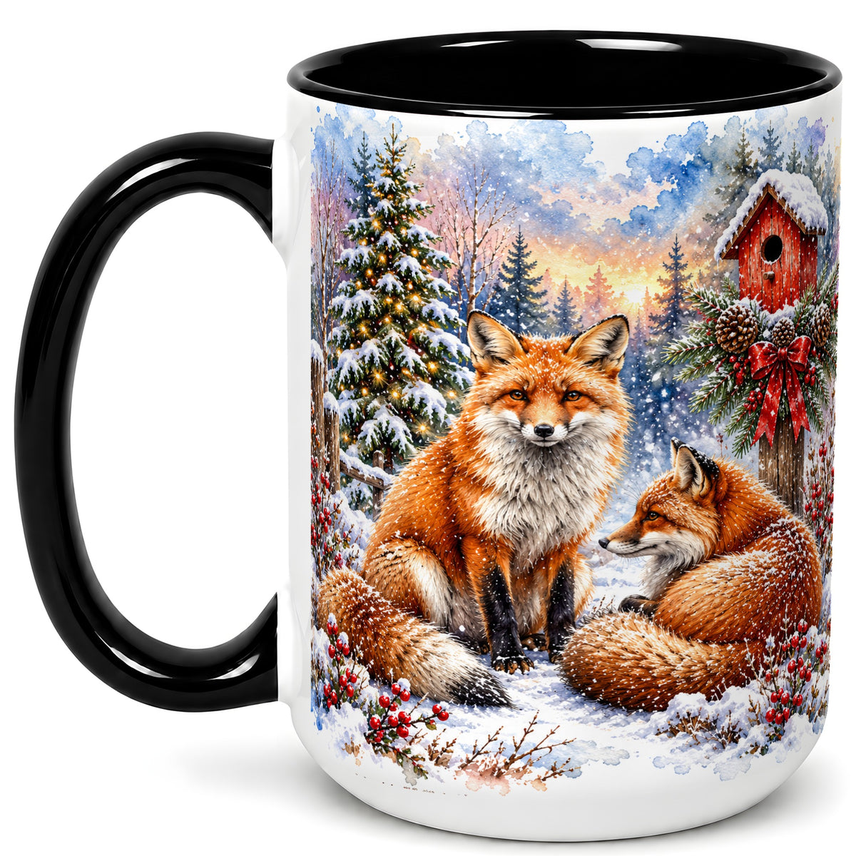 #pl[15oz|Black] Watercolor Christmas Fox Coffee Mug, Woodland Fox Mug, Ceramic Cup