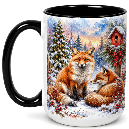 #pl[15oz|Black] Watercolor Christmas Fox Coffee Mug, Woodland Fox Mug, Ceramic Cup