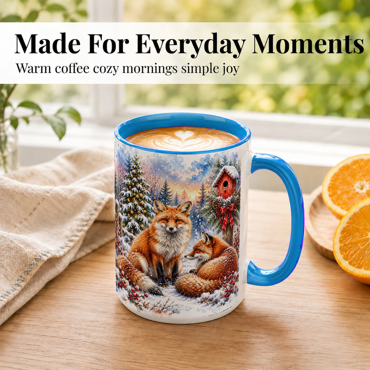 #pl[15oz|Blue] Watercolor Christmas Fox Coffee Mug, Woodland Fox Mug, Ceramic Cup
