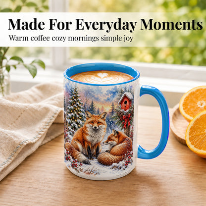 #pl[15oz|Blue] Watercolor Christmas Fox Coffee Mug, Woodland Fox Mug, Ceramic Cup