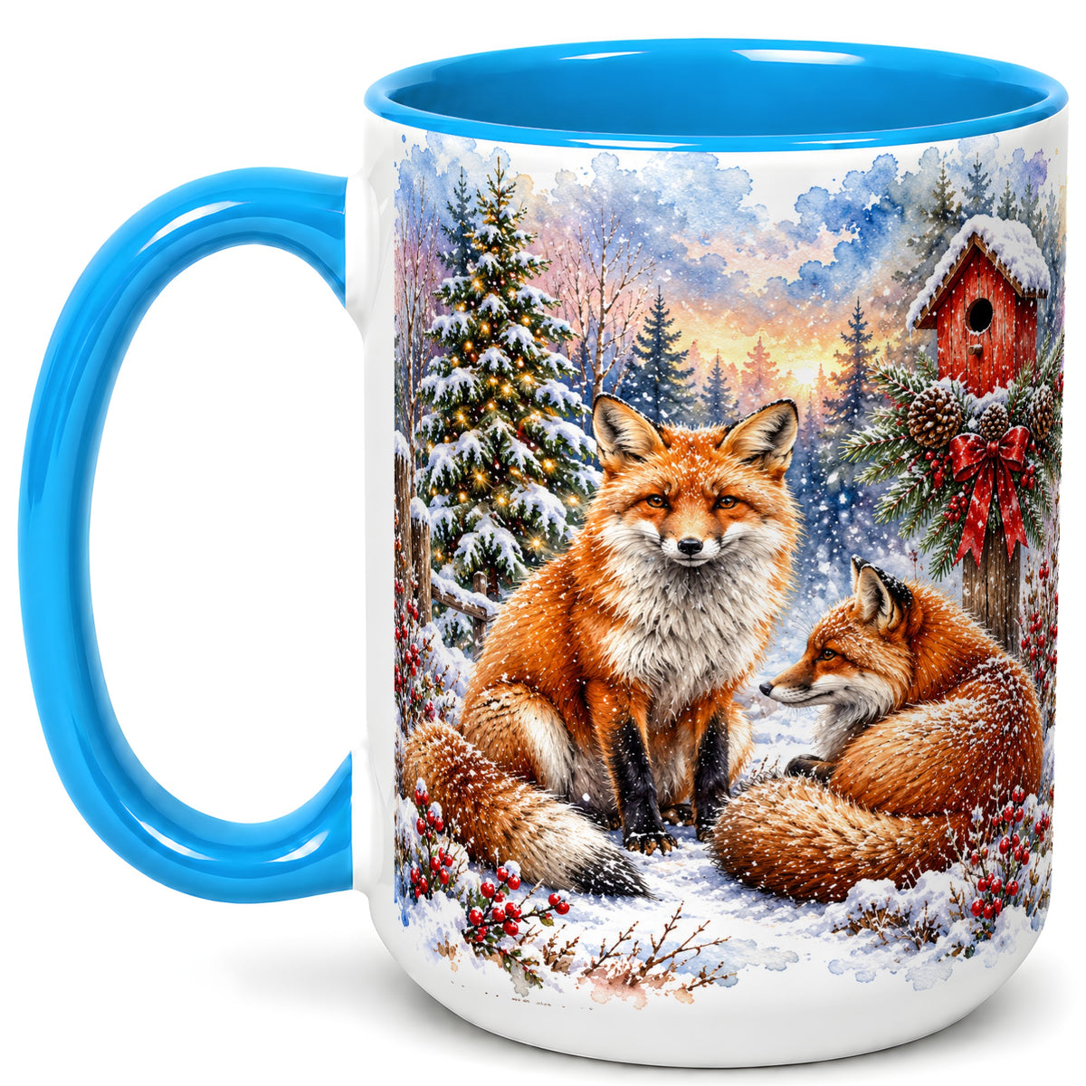 #pl[15oz|Blue] Watercolor Christmas Fox Coffee Mug, Woodland Fox Mug, Ceramic Cup