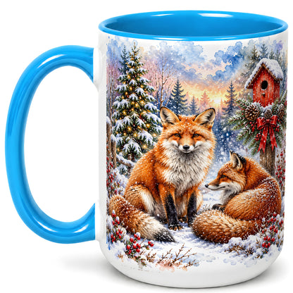#pl[15oz|Blue] Watercolor Christmas Fox Coffee Mug, Woodland Fox Mug, Ceramic Cup