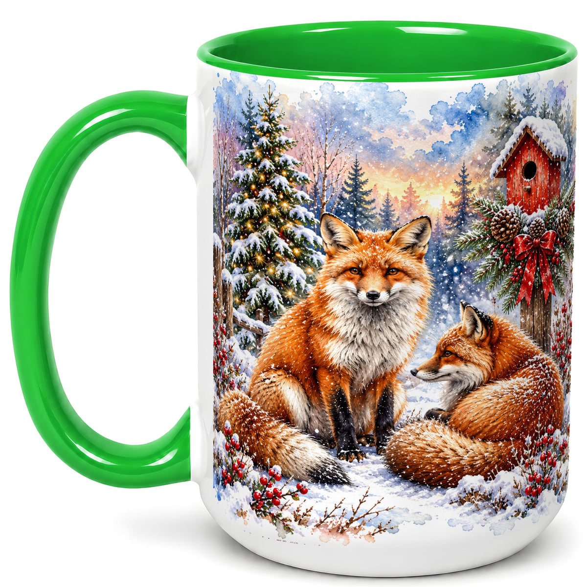 #pl[15oz|Green] Watercolor Christmas Fox Coffee Mug, Woodland Fox Mug, Ceramic Cup