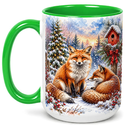 #pl[15oz|Green] Watercolor Christmas Fox Coffee Mug, Woodland Fox Mug, Ceramic Cup