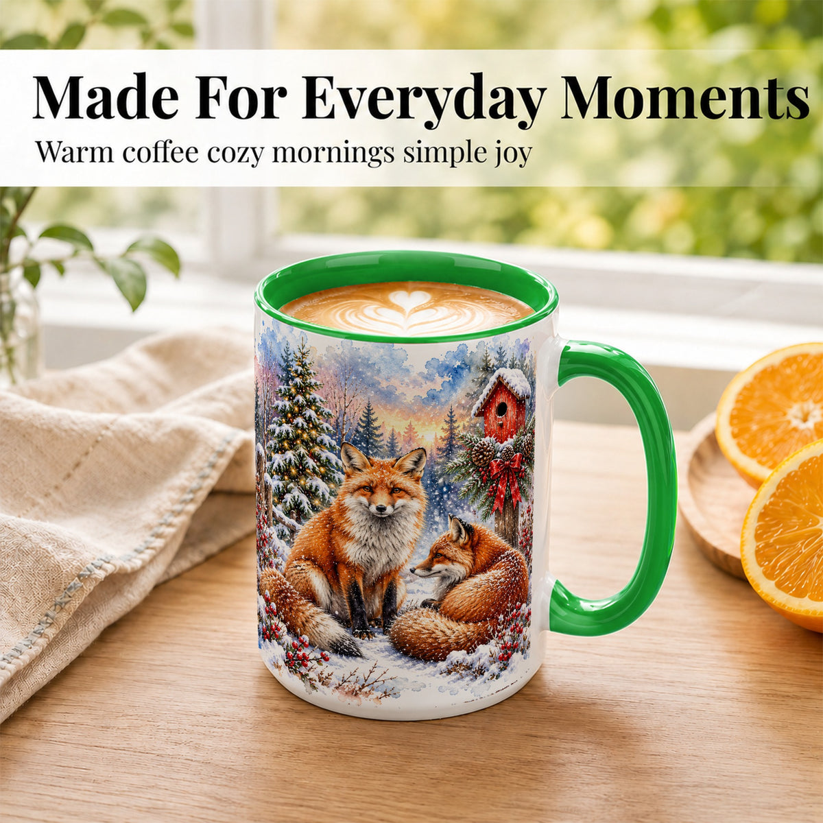 #pl[15oz|Green] Watercolor Christmas Fox Coffee Mug, Woodland Fox Mug, Ceramic Cup