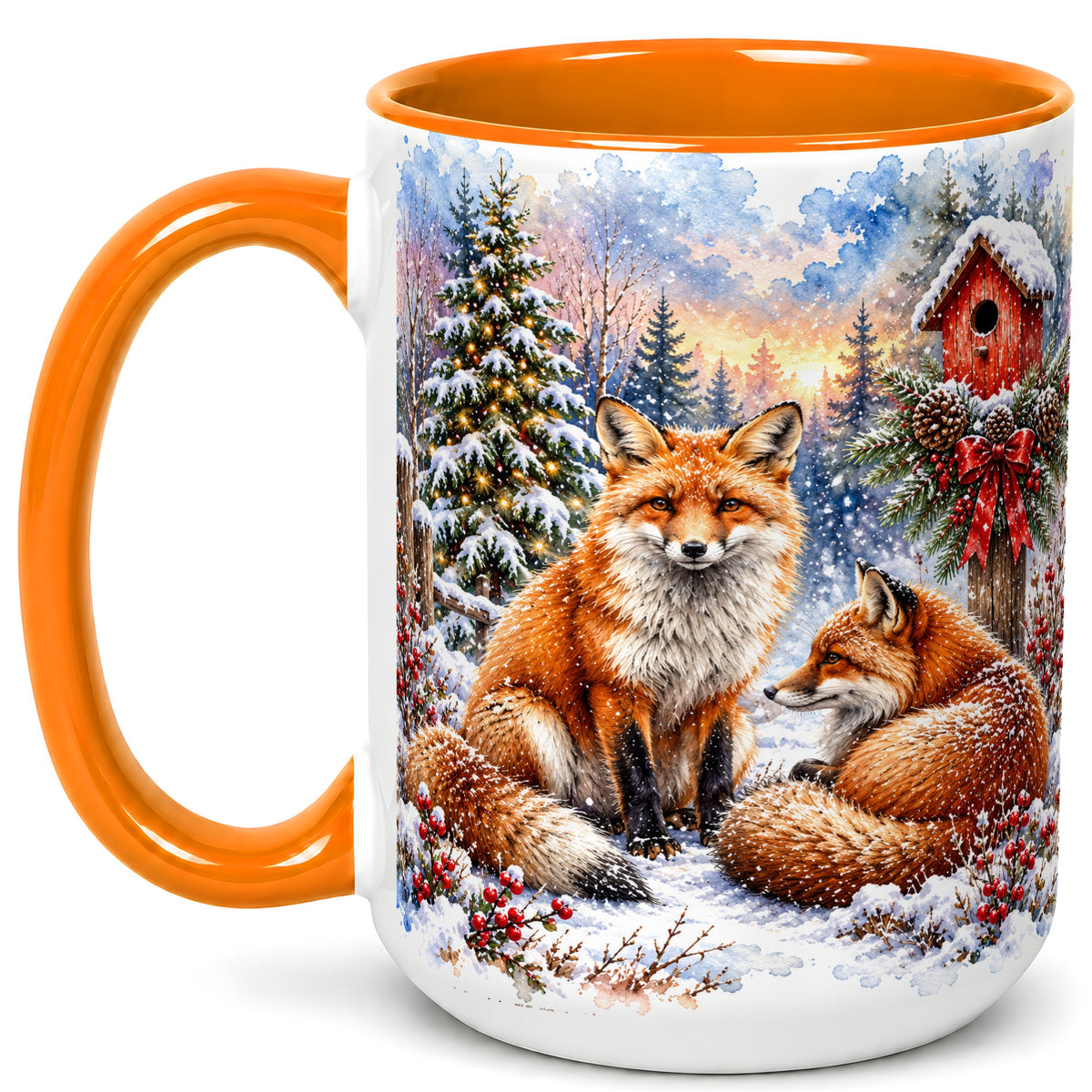 #pl[15oz|Orange] Watercolor Christmas Fox Coffee Mug, Woodland Fox Mug, Ceramic Cup