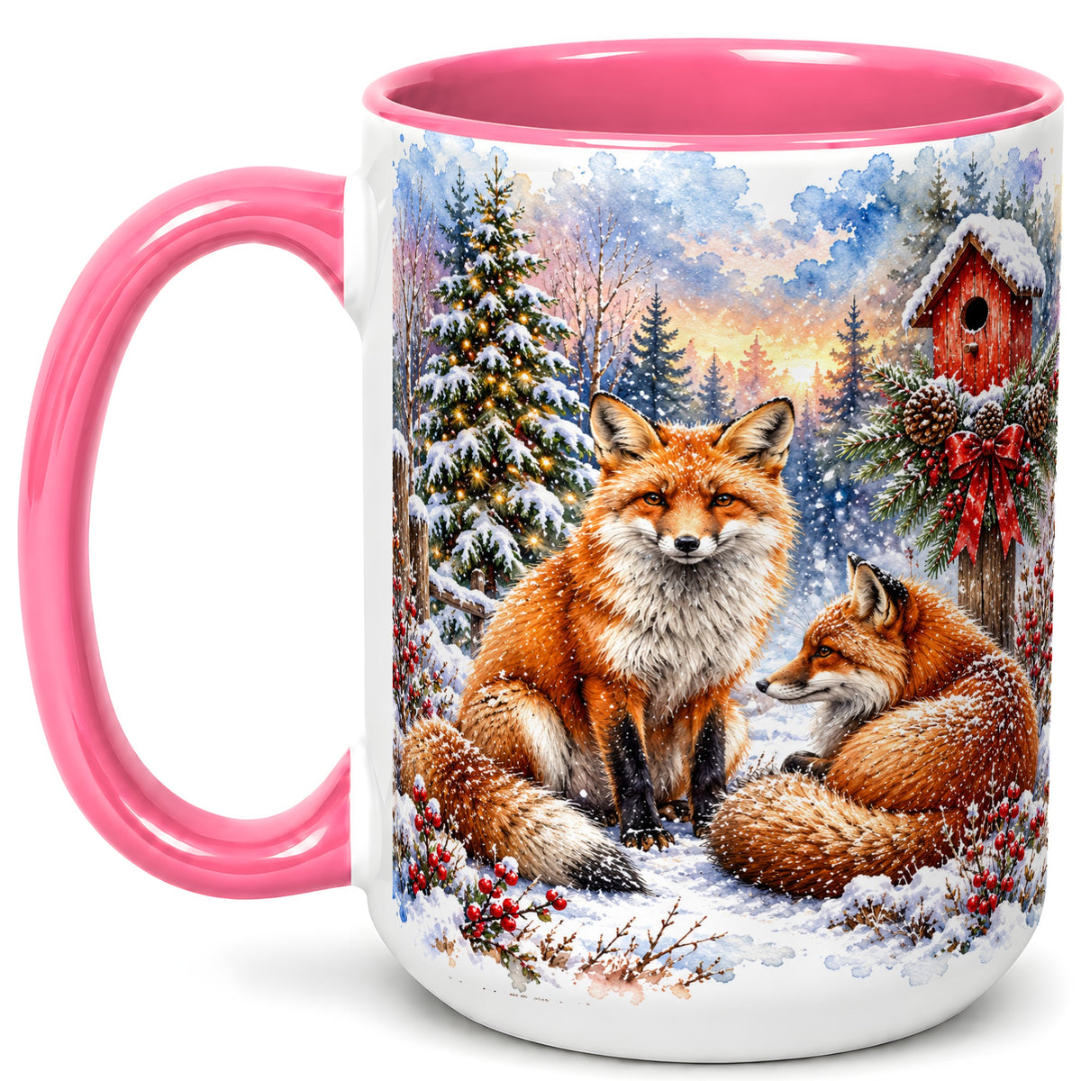 #pl[15oz|Pink] Watercolor Christmas Fox Coffee Mug, Woodland Fox Mug, Ceramic Cup