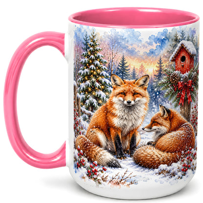 #pl[15oz|Pink] Watercolor Christmas Fox Coffee Mug, Woodland Fox Mug, Ceramic Cup