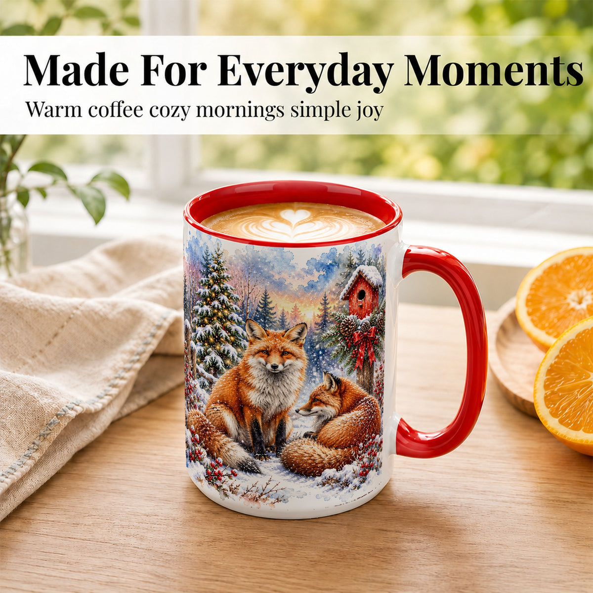 #pl[15oz|Red] Watercolor Christmas Fox Coffee Mug, Woodland Fox Mug, Ceramic Cup