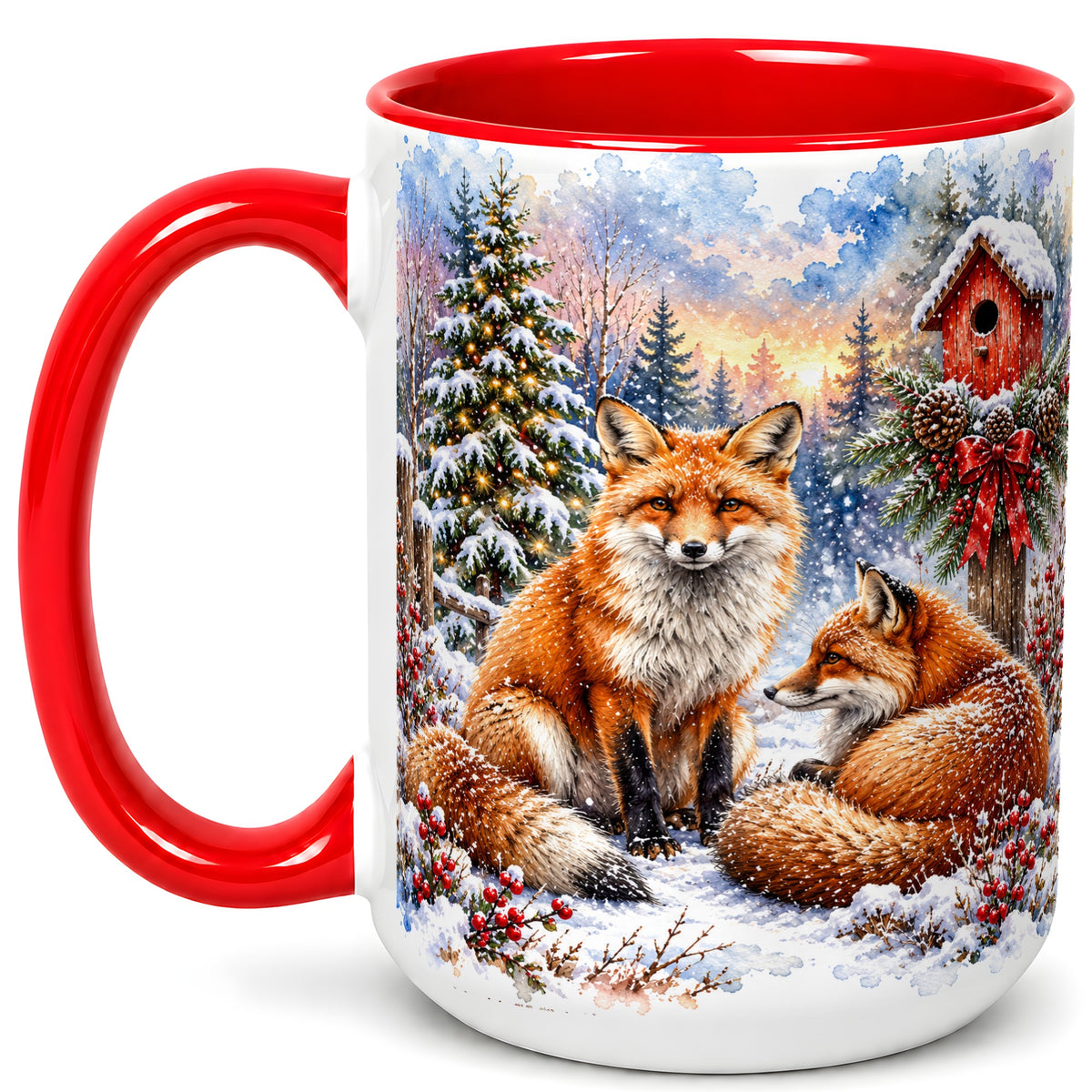 #pl[15oz|Red] Watercolor Christmas Fox Coffee Mug, Woodland Fox Mug, Ceramic Cup