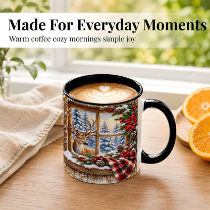 #pl[11oz|Black] Winter Deer Coffee Mug, Christmas Deer Mug, Ceramic Cup