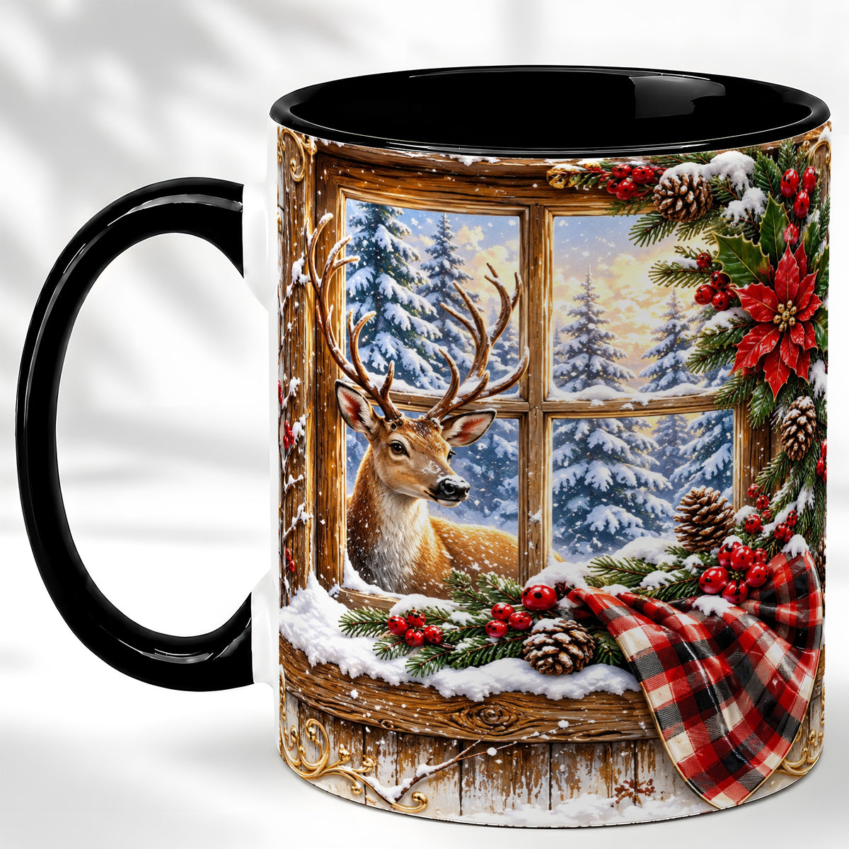 #pl[11oz|Black] Winter Deer Coffee Mug, Christmas Deer Mug, Ceramic Cup