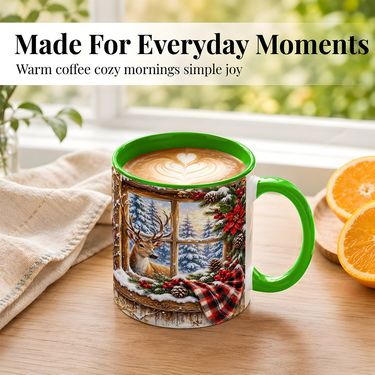 #pl[11oz|Green] Winter Deer Coffee Mug, Christmas Deer Mug, Ceramic Cup