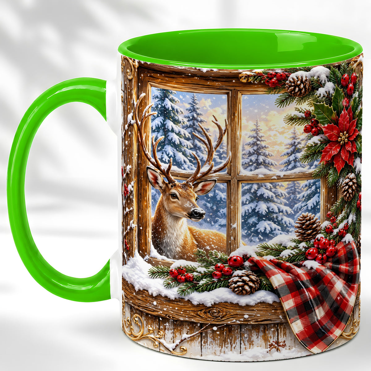 #pl[11oz|Green] Winter Deer Coffee Mug, Christmas Deer Mug, Ceramic Cup