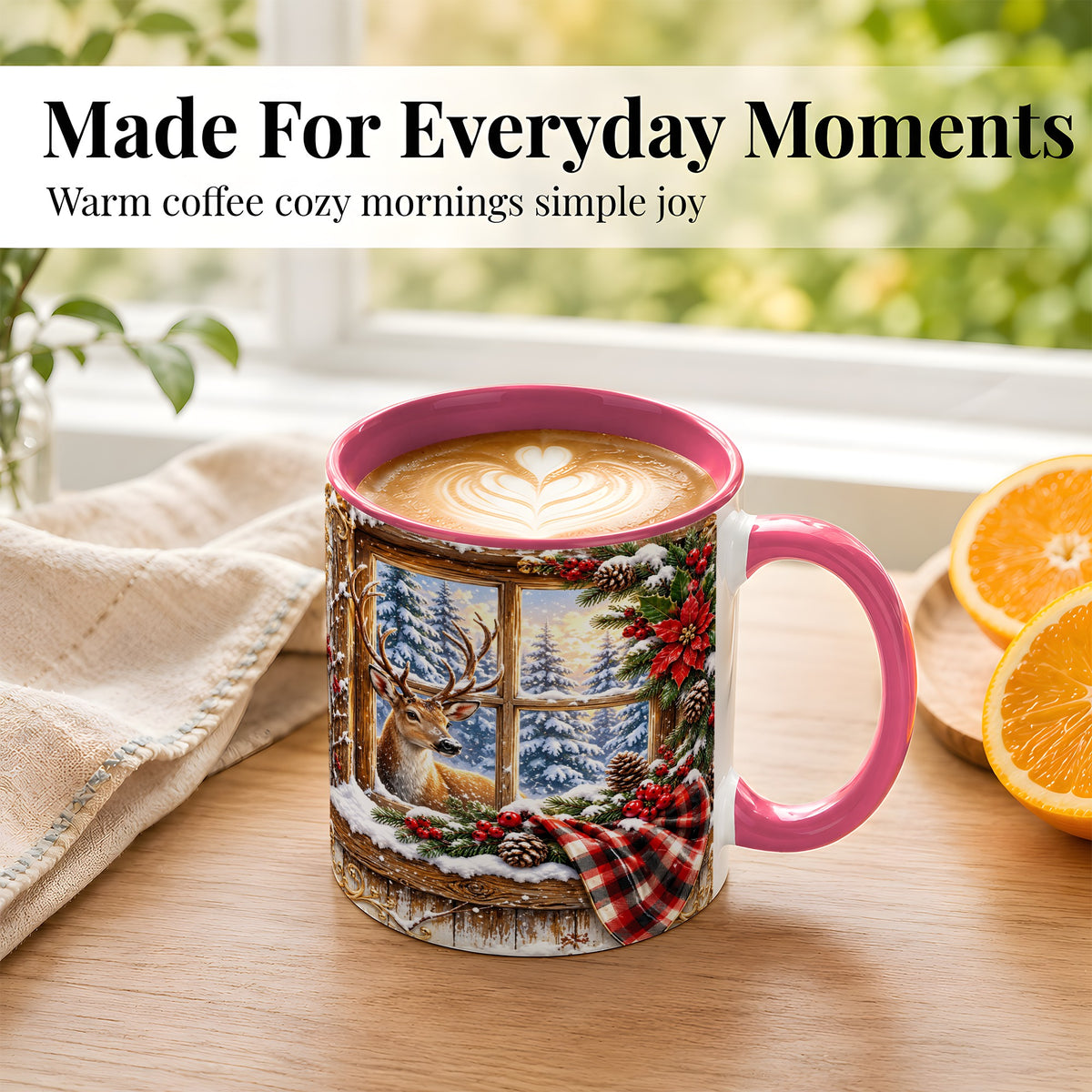 #pl[11oz|Pink] Winter Deer Coffee Mug, Christmas Deer Mug, Ceramic Cup