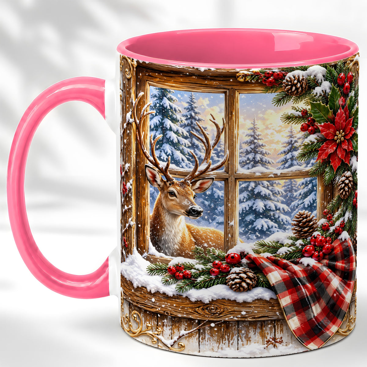 #pl[11oz|Pink] Winter Deer Coffee Mug, Christmas Deer Mug, Ceramic Cup