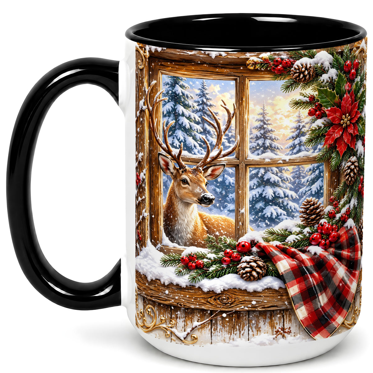 #pl[15oz|Black] Winter Deer Coffee Mug, Christmas Deer Mug, Ceramic Cup