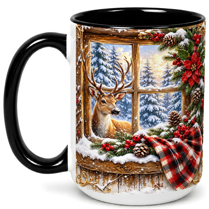 #pl[15oz|Black] Winter Deer Coffee Mug, Christmas Deer Mug, Ceramic Cup