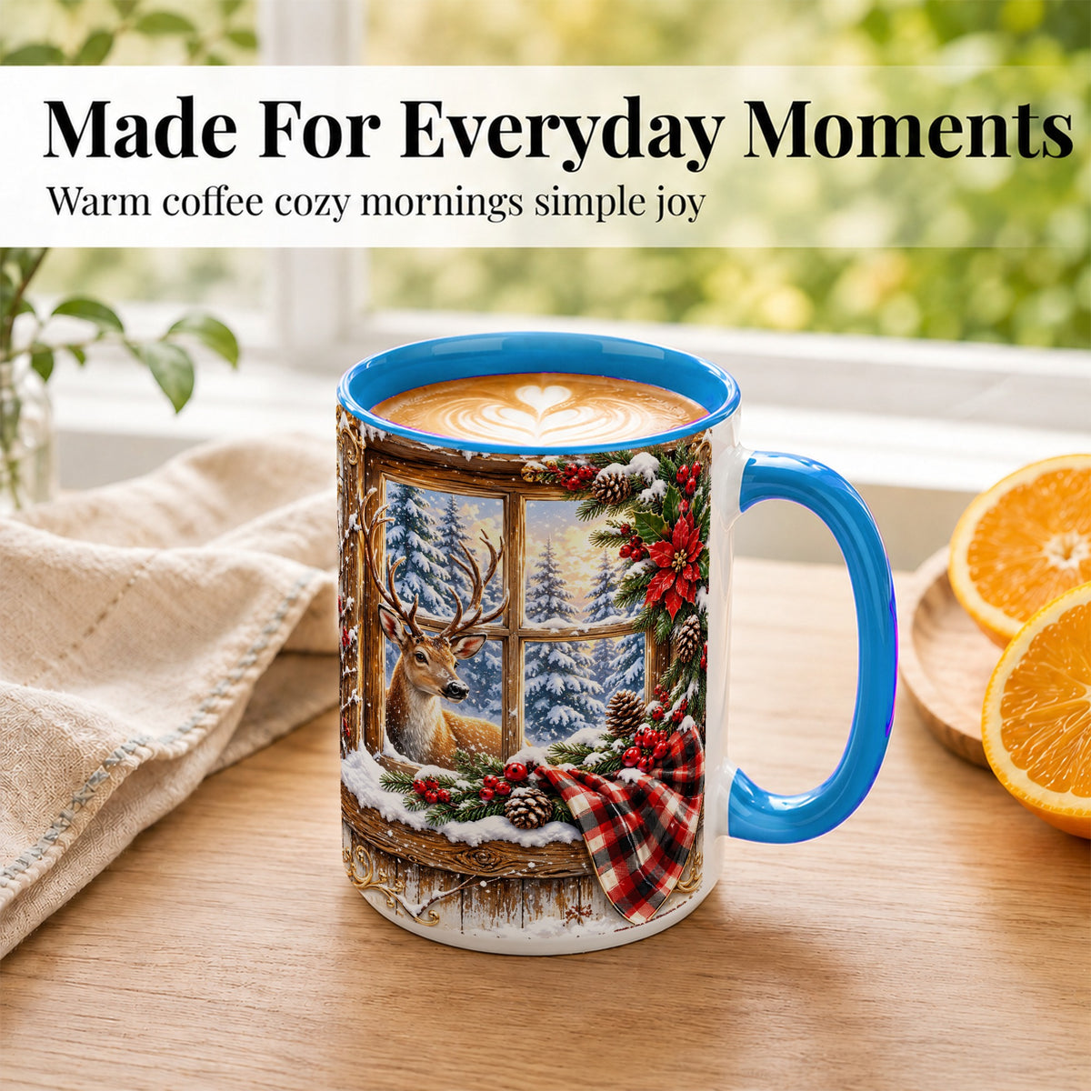 #pl[15oz|Blue] Winter Deer Coffee Mug, Christmas Deer Mug, Ceramic Cup