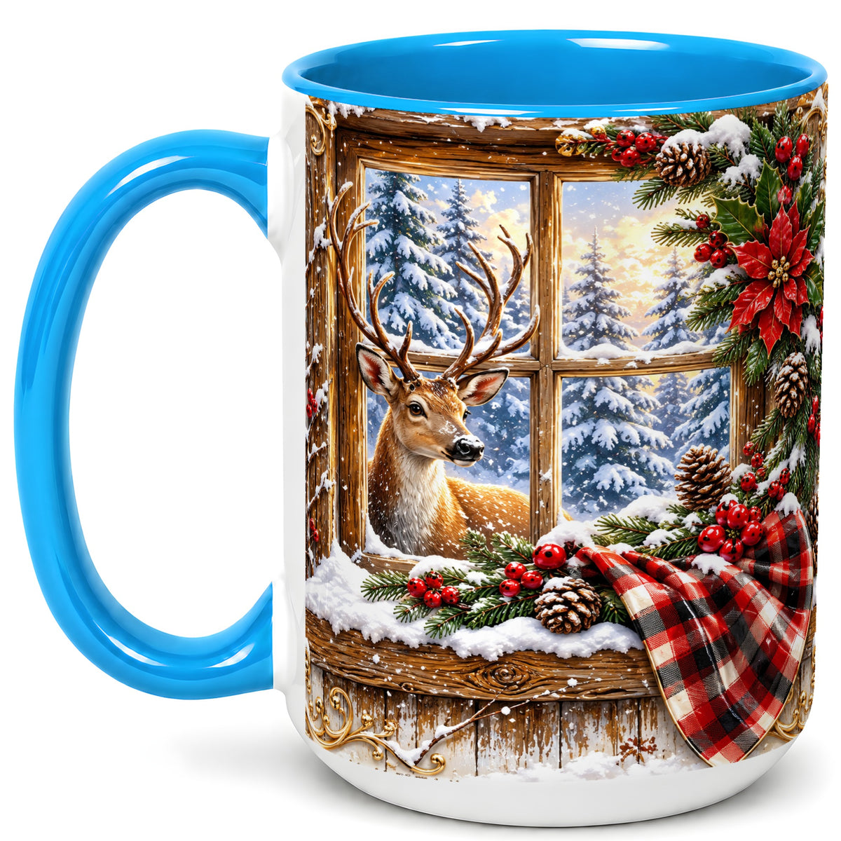 #pl[15oz|Blue] Winter Deer Coffee Mug, Christmas Deer Mug, Ceramic Cup