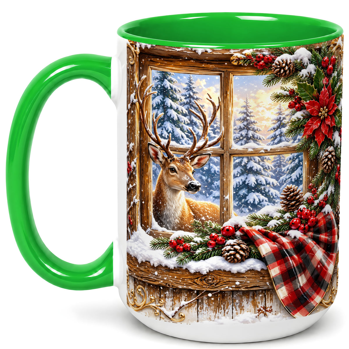#pl[15oz|Green] Winter Deer Coffee Mug, Christmas Deer Mug, Ceramic Cup