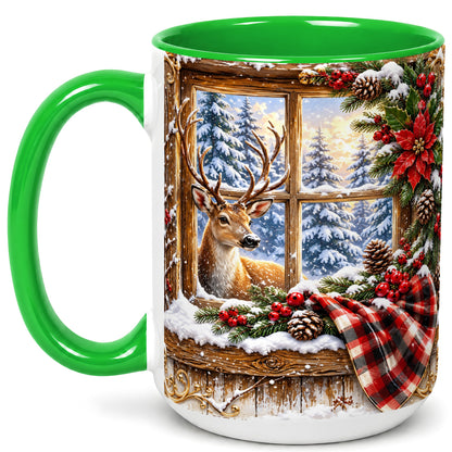 #pl[15oz|Green] Winter Deer Coffee Mug, Christmas Deer Mug, Ceramic Cup