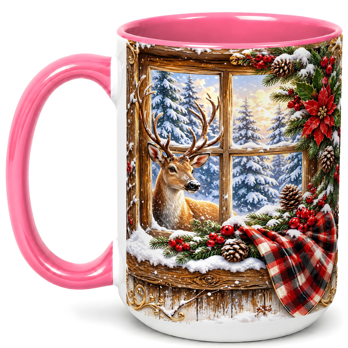 #pl[15oz|Pink] Winter Deer Coffee Mug, Christmas Deer Mug, Ceramic Cup