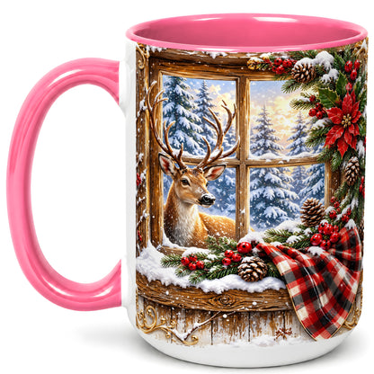 #pl[15oz|Pink] Winter Deer Coffee Mug, Christmas Deer Mug, Ceramic Cup