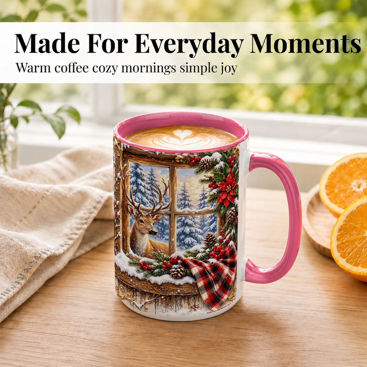 #pl[15oz|Pink] Winter Deer Coffee Mug, Christmas Deer Mug, Ceramic Cup