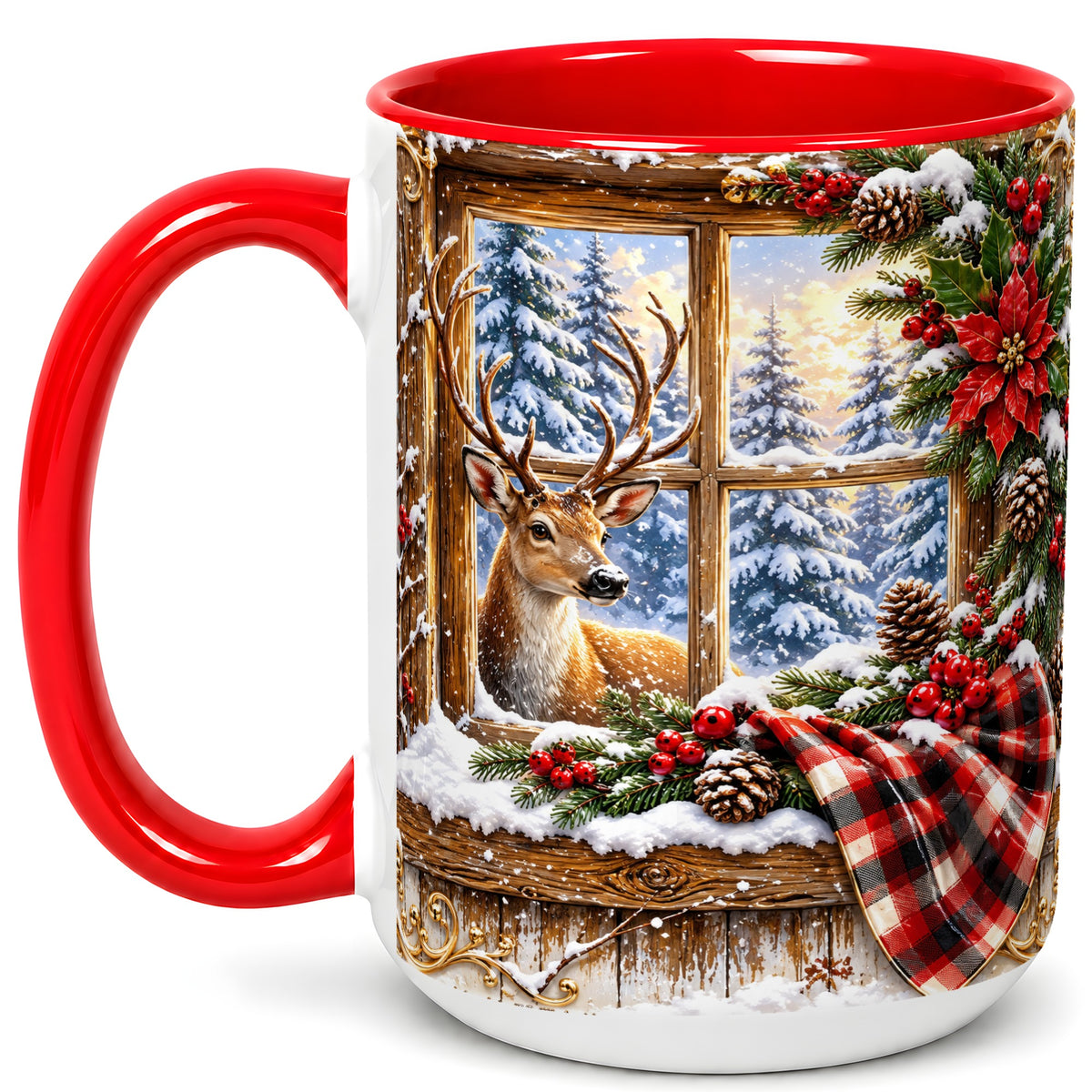 #pl[15oz|Red] Winter Deer Coffee Mug, Christmas Deer Mug, Ceramic Cup