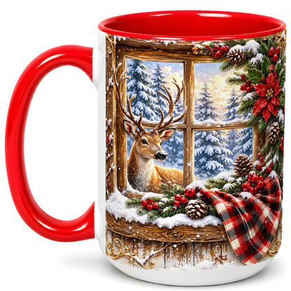 #pl[15oz|Red] Winter Deer Coffee Mug, Christmas Deer Mug, Ceramic Cup
