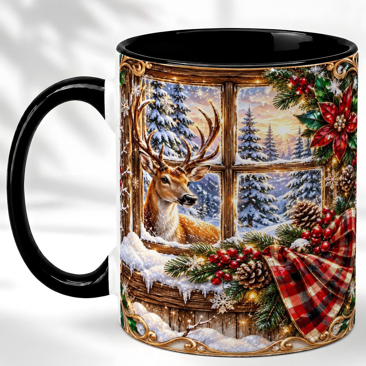 #pl[11oz|Black] Christmas Deer Coffee Mug, Winter Poinsettia Mug, Ceramic Cup