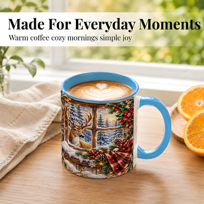 #pl[11oz|Blue] Christmas Deer Coffee Mug, Winter Poinsettia Mug, Ceramic Cup