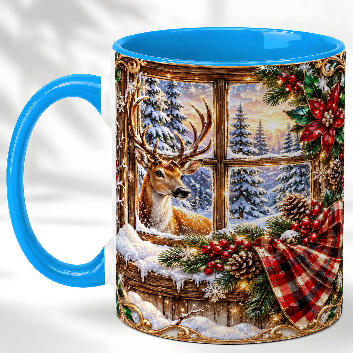#pl[11oz|Blue] Christmas Deer Coffee Mug, Winter Poinsettia Mug, Ceramic Cup