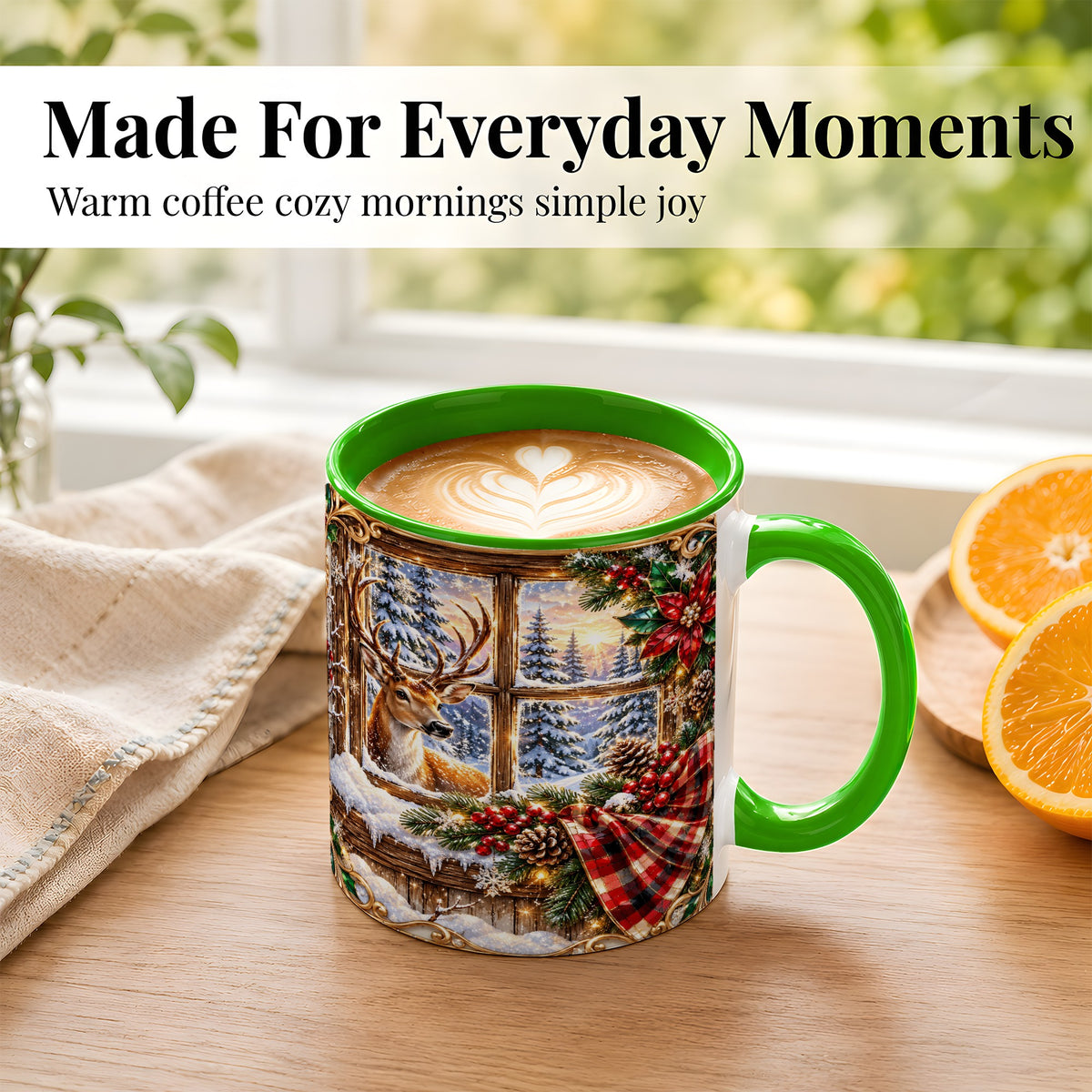 #pl[11oz|Green] Christmas Deer Coffee Mug, Winter Poinsettia Mug, Ceramic Cup