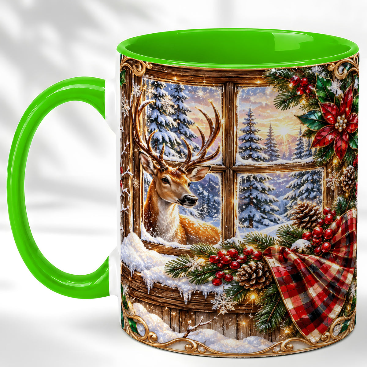 #pl[11oz|Green] Christmas Deer Coffee Mug, Winter Poinsettia Mug, Ceramic Cup